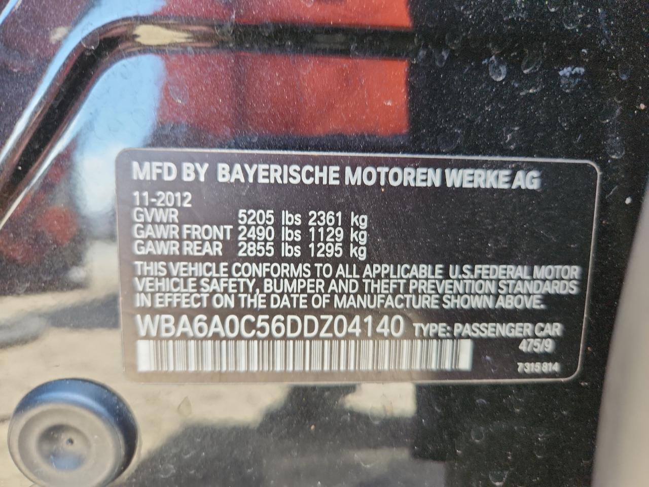 2013 BMW 640 I VIN: WBA6A0C56DDZ04140 Lot: 65404955