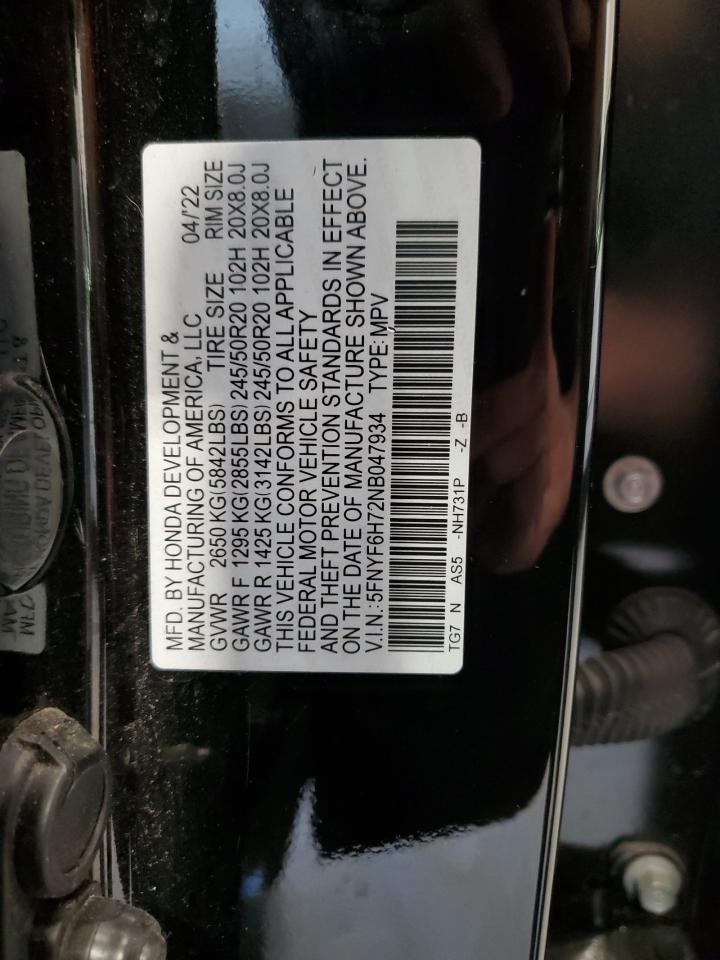 2022 Honda Pilot Black VIN: 5FNYF6H72NB047934 Lot: 64626435
