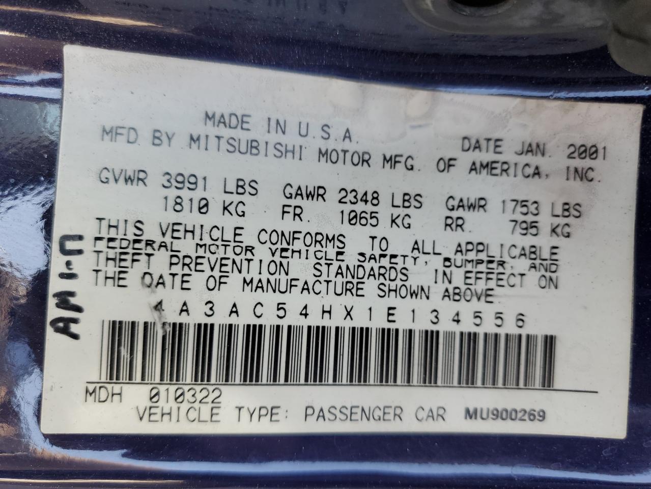 2001 Mitsubishi Eclipse Gt VIN: 4A3AC54HX1E134556 Lot: 63791435