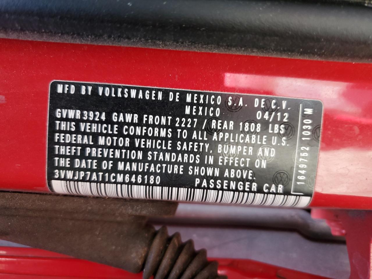 2012 Volkswagen Beetle VIN: 3VWJP7AT1CM646180 Lot: 63822925