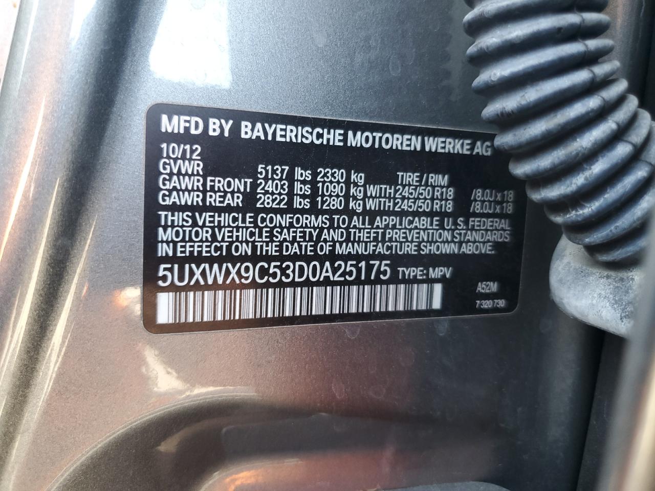 2013 BMW X3 xDrive28I VIN: 5UXWX9C53D0A25175 Lot: 64305785