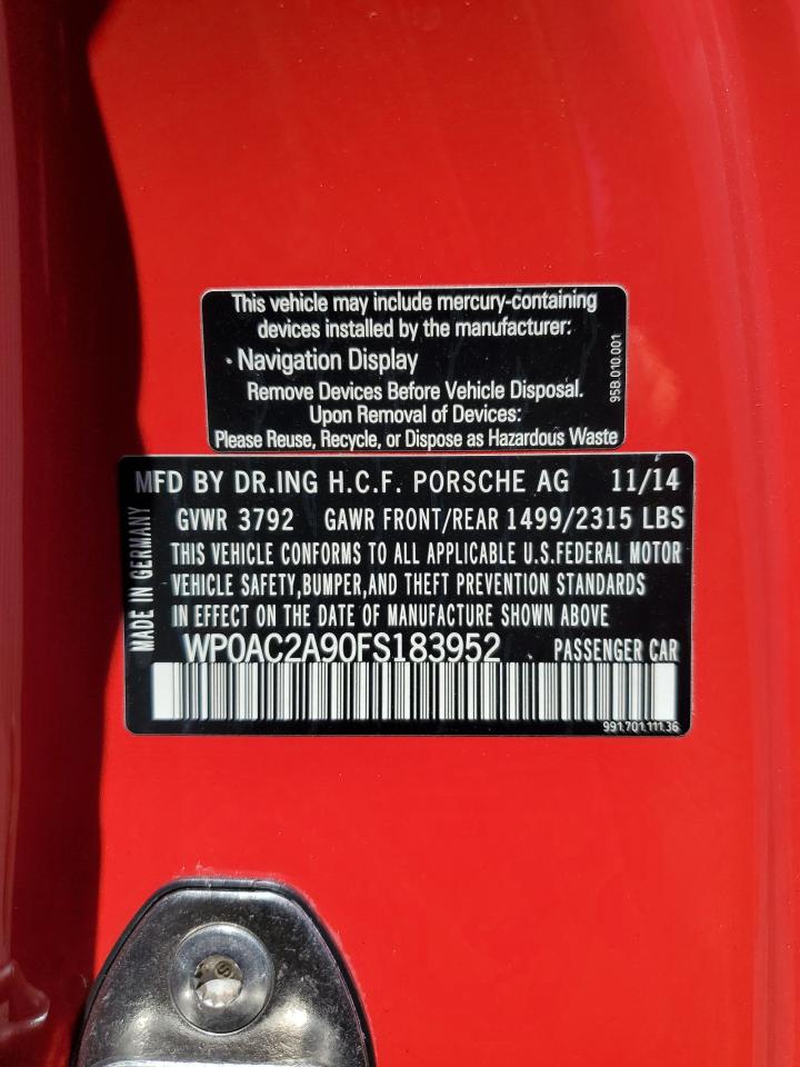 2015 Porsche 911 Gt3 VIN: WP0AC2A90FS183952 Lot: 63617115