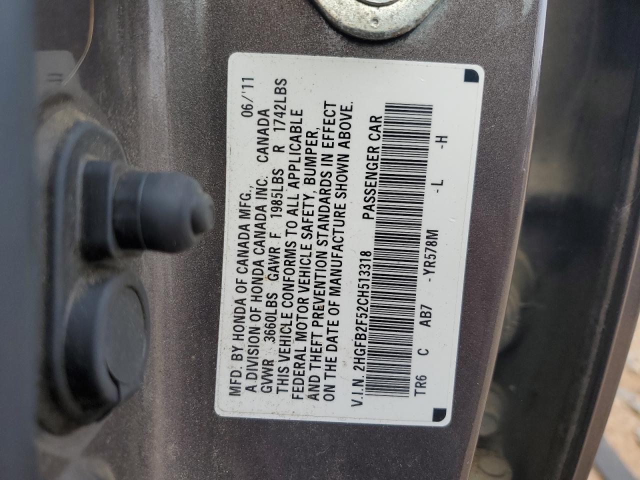 2012 Honda Civic Lx VIN: 2HGFB2F52CH513318 Lot: 64938755