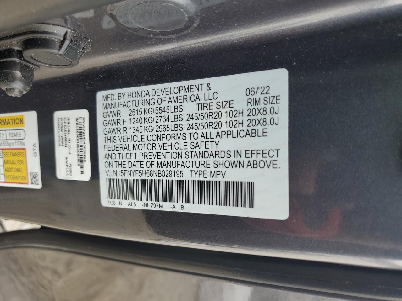 2022 Honda Pilot Touring VIN: 5FNYF5H68NB029195 Lot: 64963765