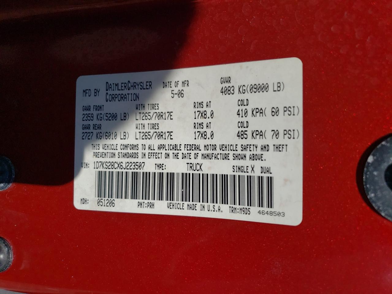 2006 Dodge Ram 2500 St VIN: 1D7KS28CX6J223507 Lot: 65206145