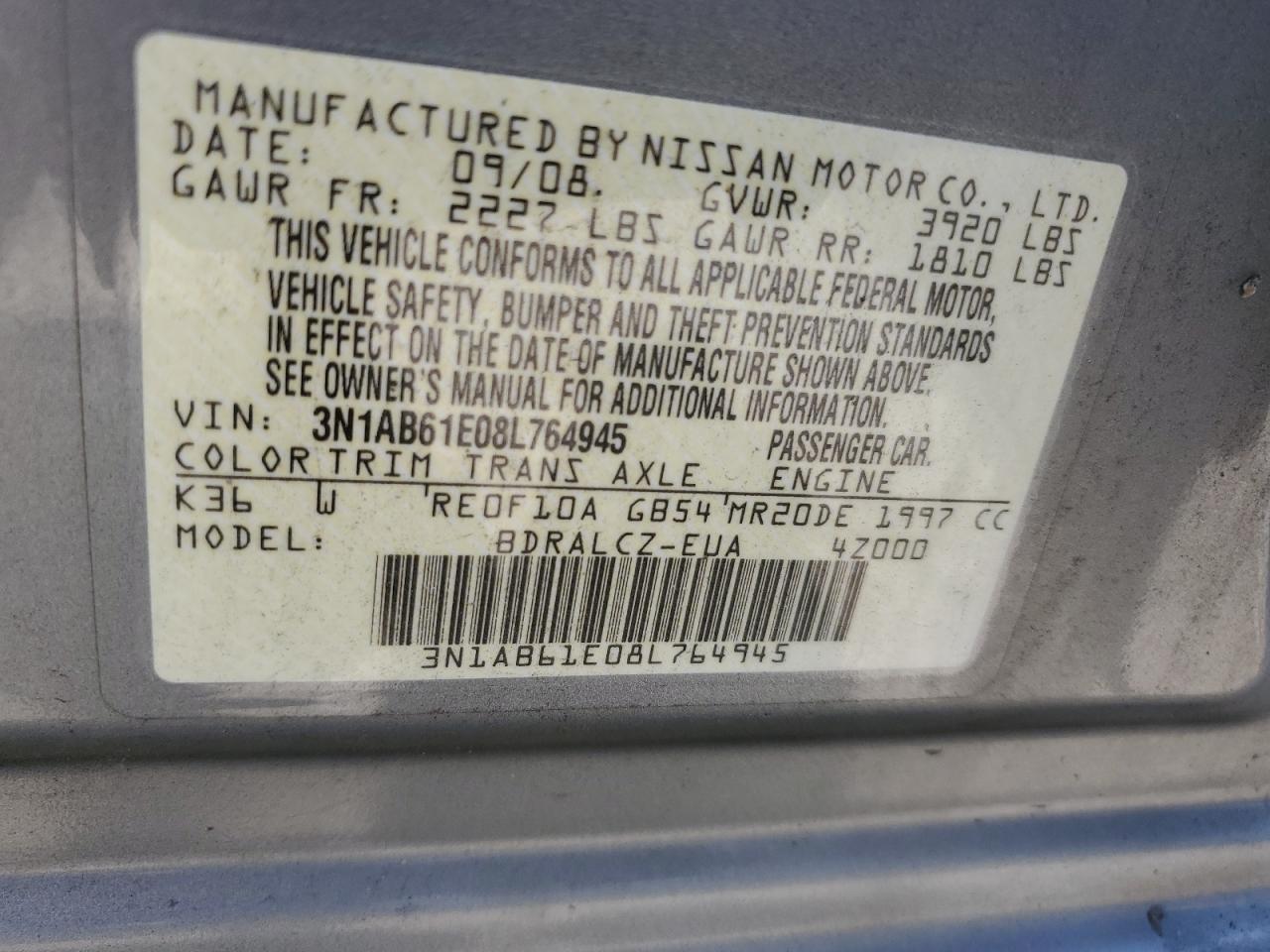 2008 Nissan Sentra 2.0 VIN: 3N1AB61E08L764945 Lot: 64121005