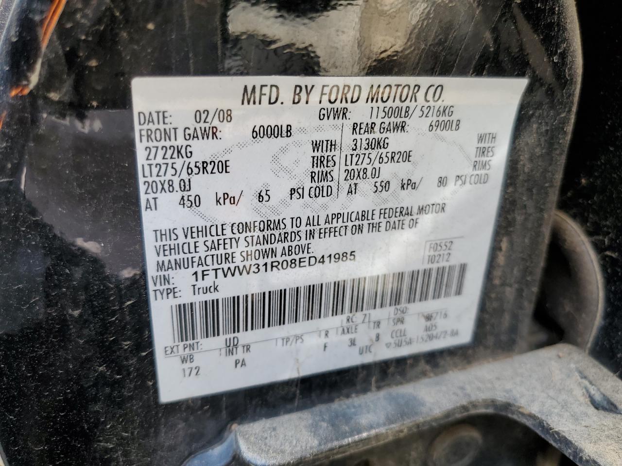 2008 Ford F350 Srw Super Duty VIN: 1FTWW31R08ED41985 Lot: 64752385