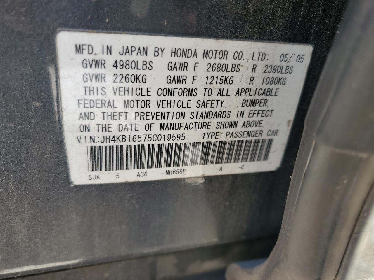 jh4kb16575c019595 JH4KB16575C019595 2005 Acura Rl