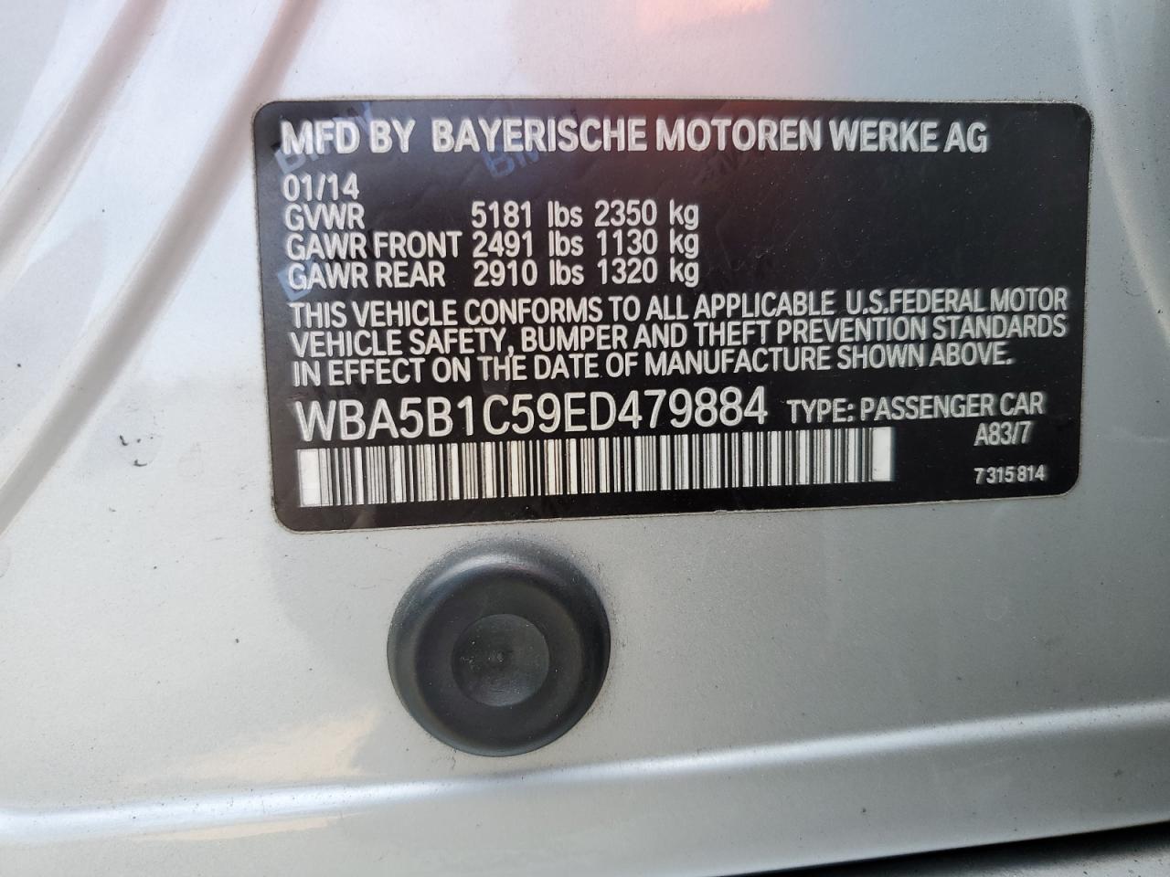 2014 BMW 535 I VIN: WBA5B1C59ED479884 Lot: 63529085