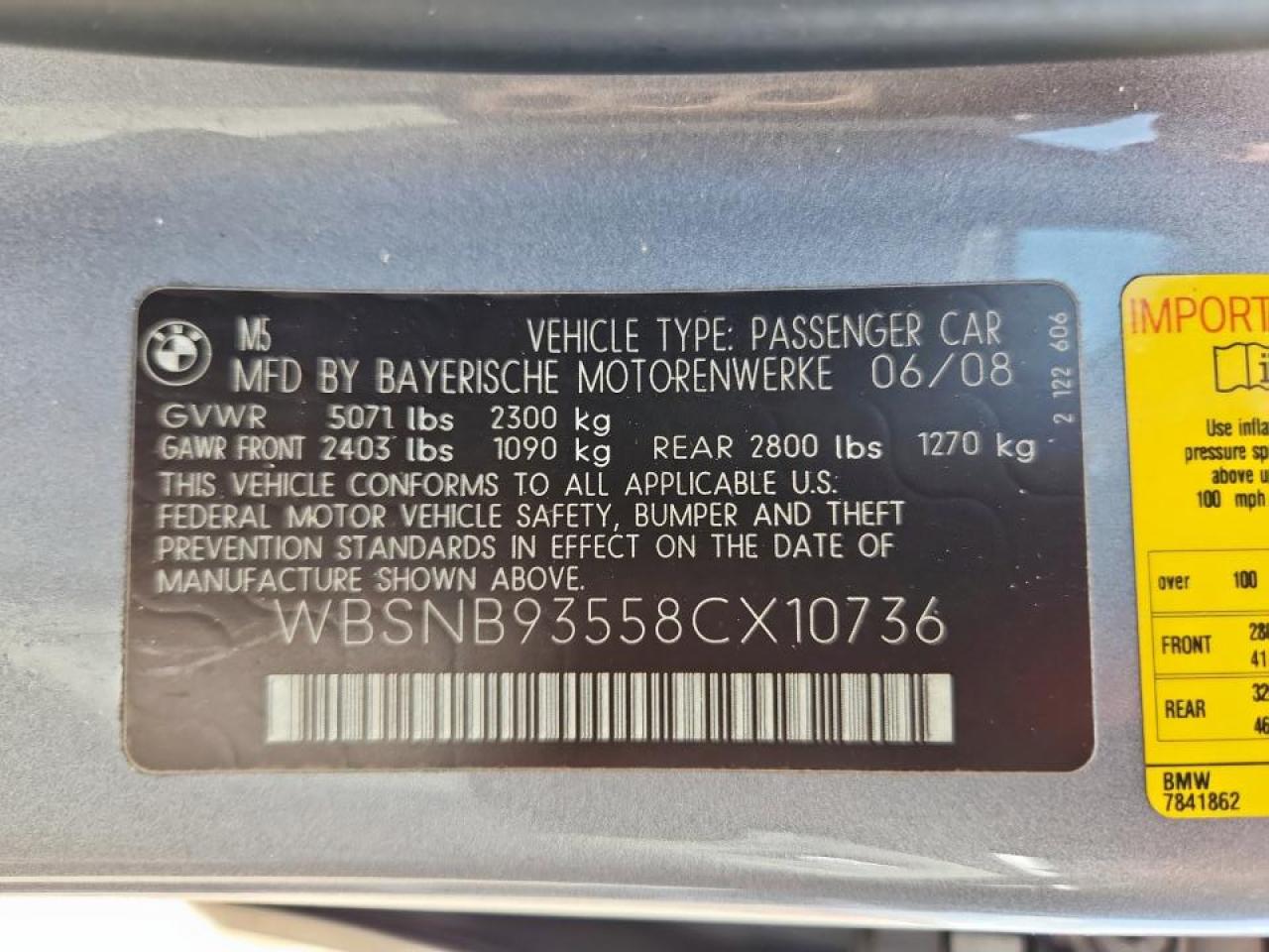 2008 BMW M5 VIN: WBSNB93558CX10736 Lot: 63122335