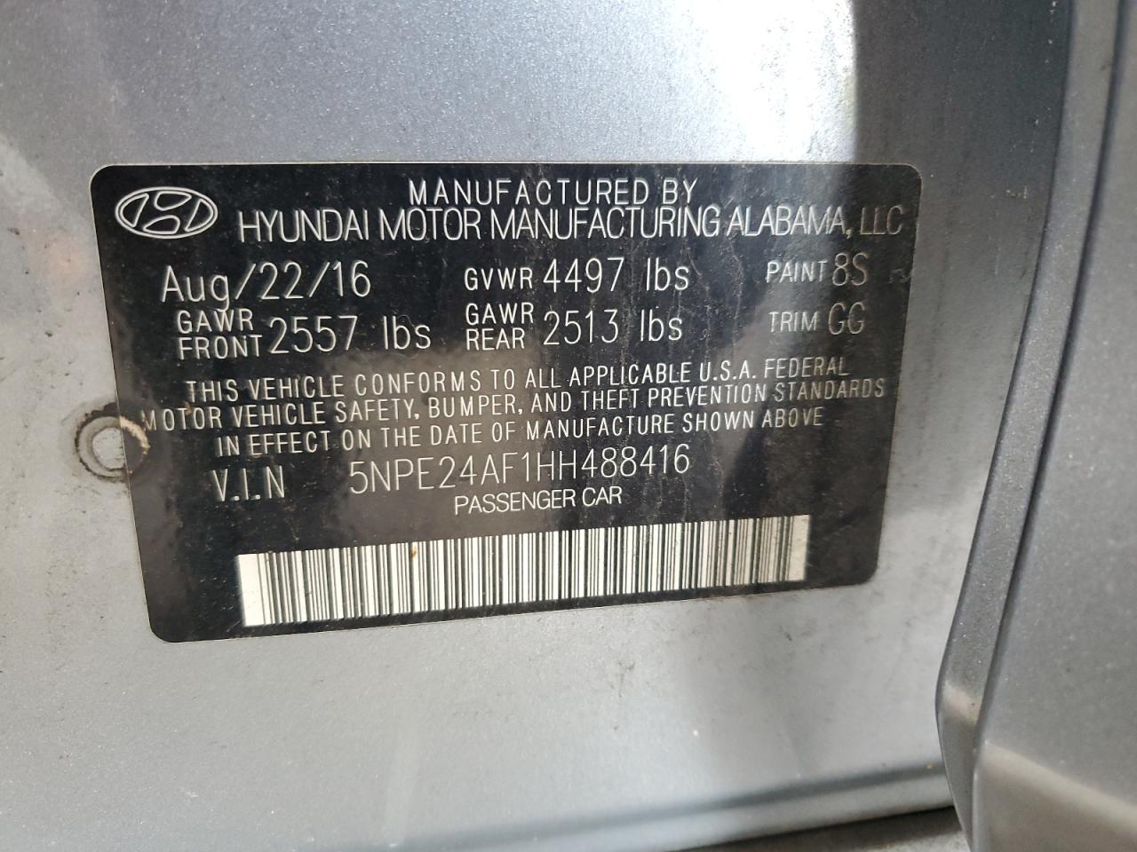 2017 Hyundai Sonata Se VIN: 5NPE24AF1HH488416 Lot: 65359525