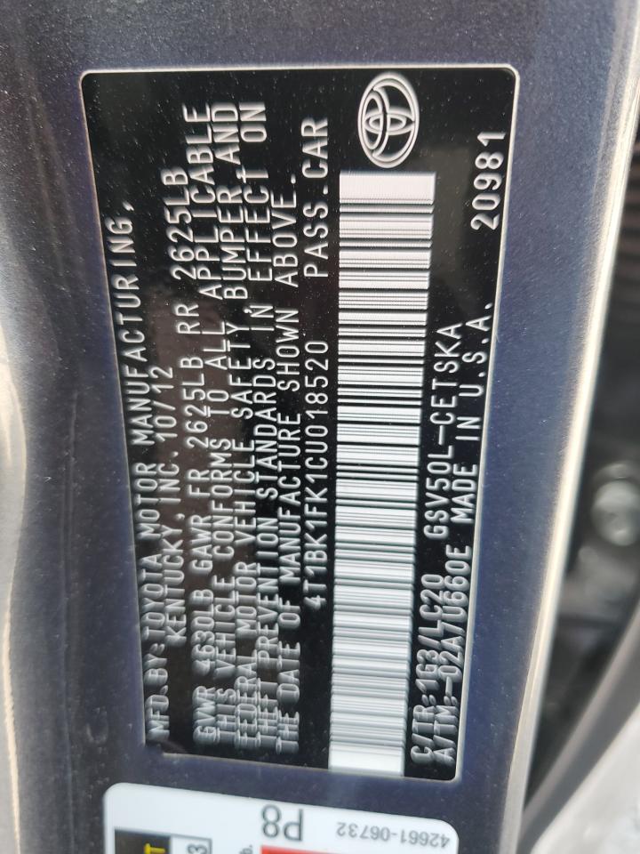 2012 Toyota Camry Se VIN: 4T1BK1FK1CU018520 Lot: 65443275
