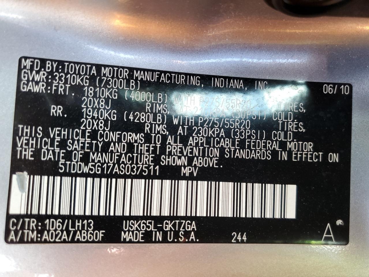 2010 Toyota Sequoia Platinum VIN: 5TDDW5G17AS037511 Lot: 63611025