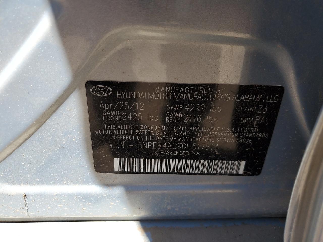 2013 Hyundai Sonata Gls VIN: 5NPEB4AC9DH517614 Lot: 67128075