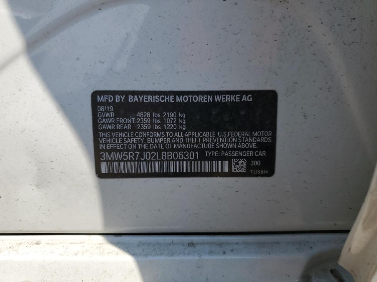 2020 BMW 330Xi VIN: 3MW5R7J02L8B06301 Lot: 63085025