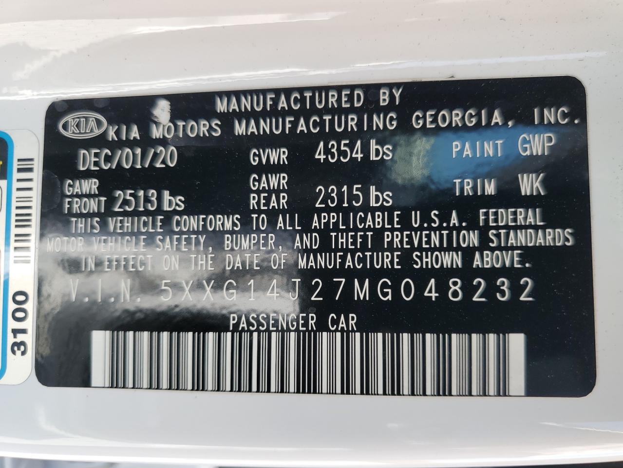 2021 Kia K5 Lxs VIN: 5XXG14J27MG048232 Lot: 63799505