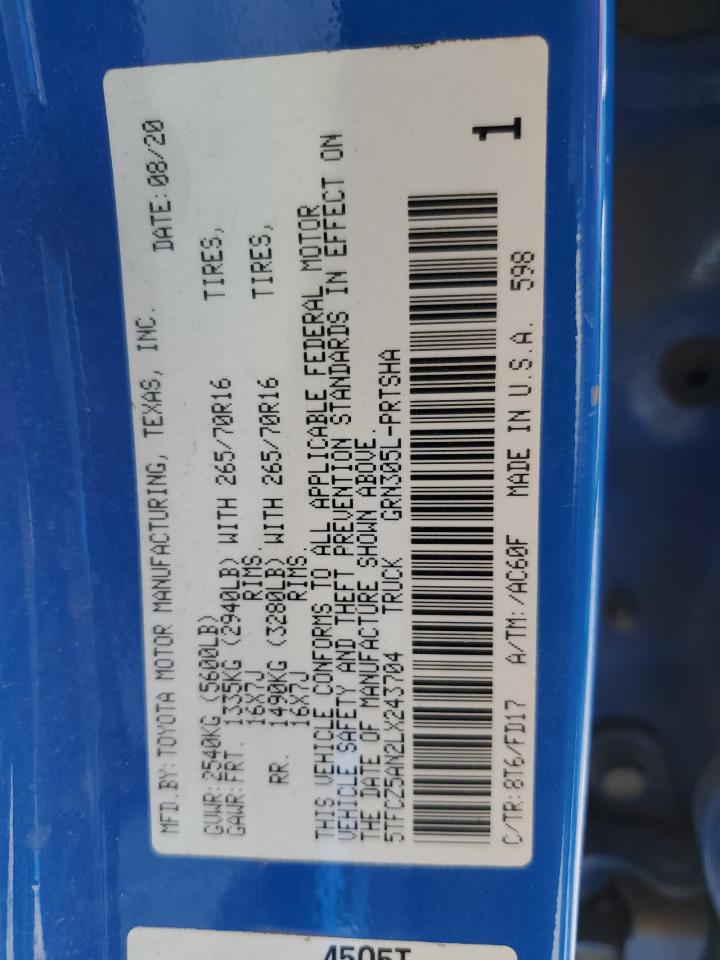 2020 Toyota Tacoma Double Cab VIN: 5TFCZ5AN2LX243704 Lot: 63277085