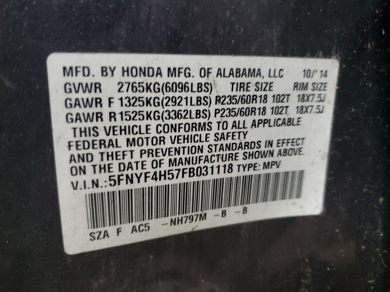 2015 Honda Pilot Exl VIN: 5FNYF4H57FB031118 Lot: 63004035