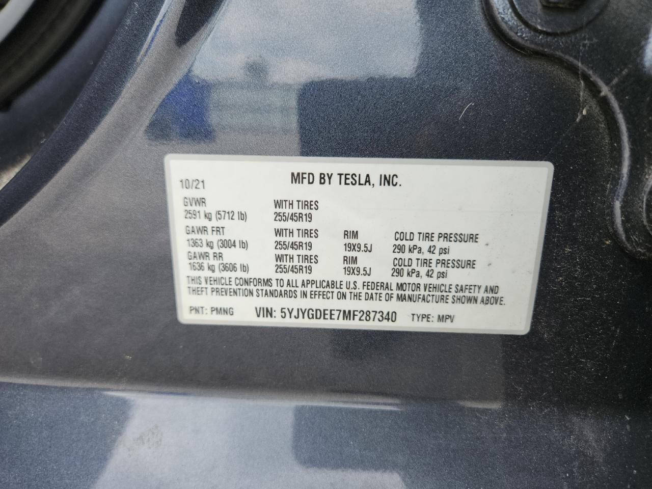 2021 Tesla Model Y VIN: 5YJYGDEE7MF287340 Lot: 62881785