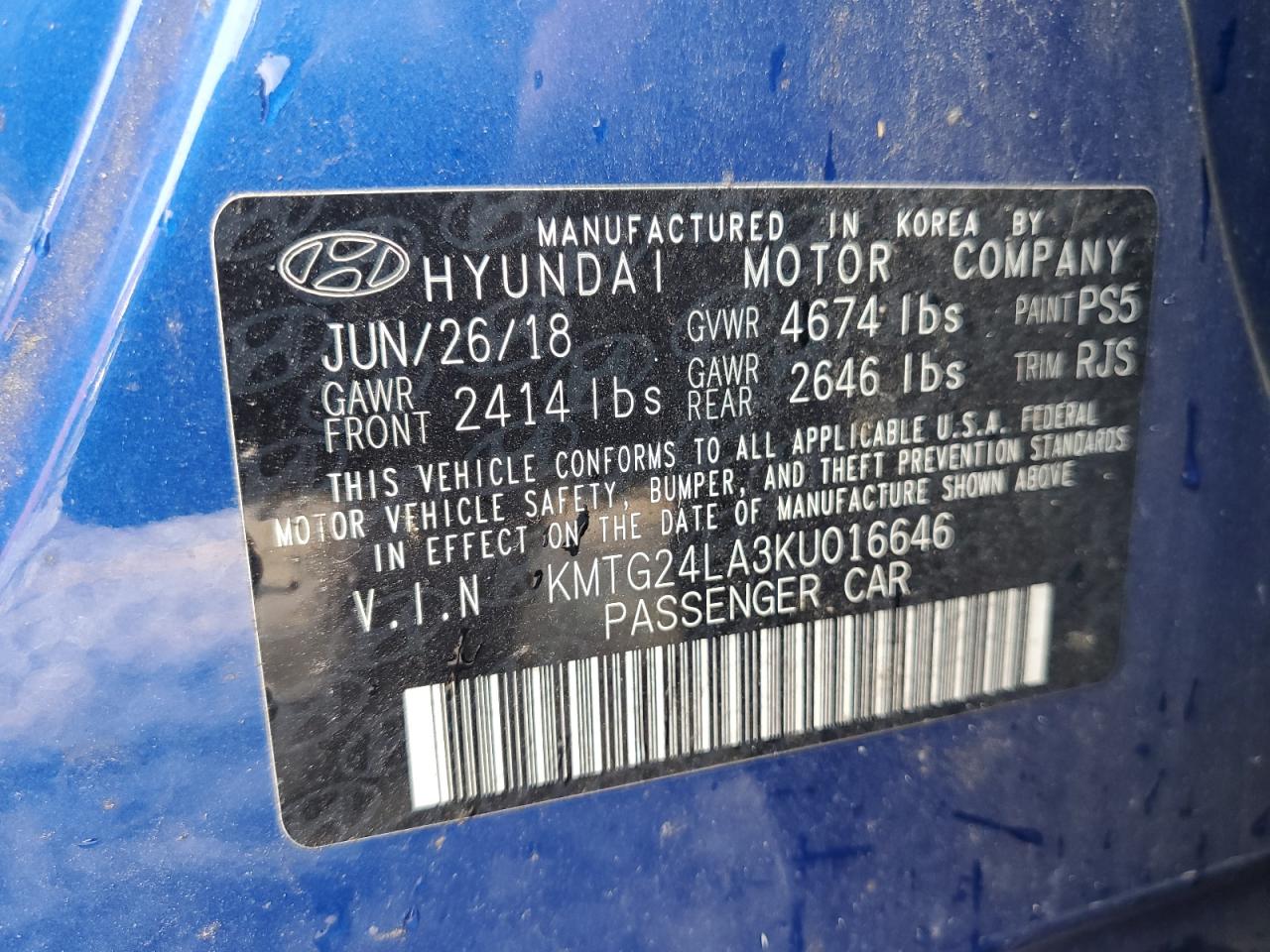 2019 Genesis G70 Sport VIN: KMTG24LA3KU016646 Lot: 64981395