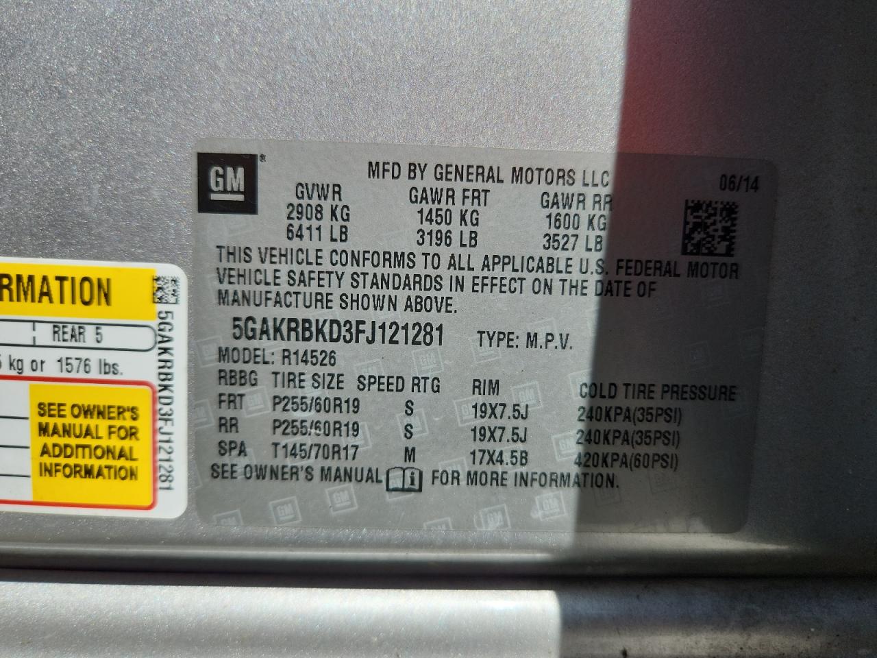 2015 Buick Enclave VIN: 5GAKRBKD3FJ121281 Lot: 65345715