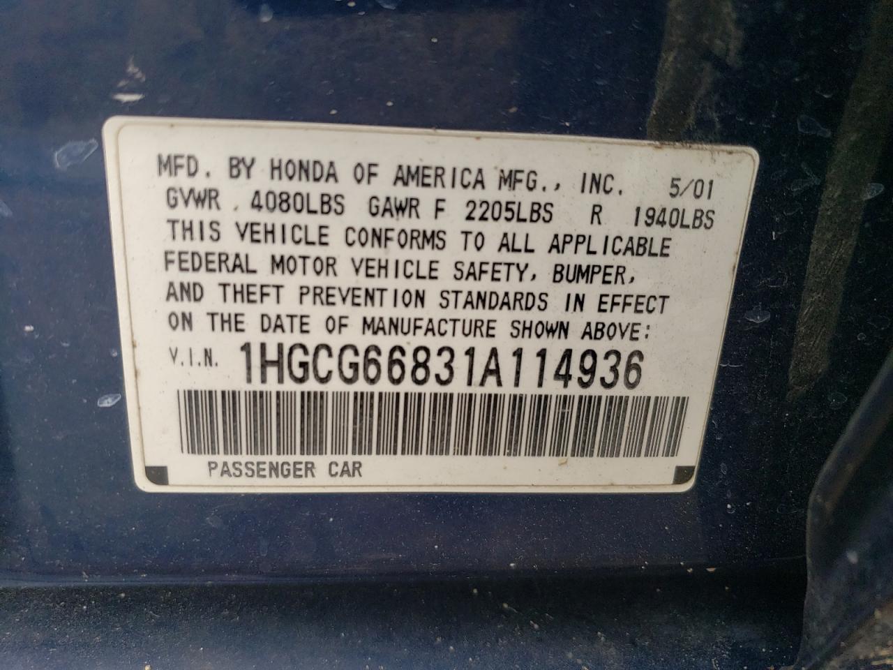 2001 Honda Accord Ex VIN: 1HGCG66831A114936 Lot: 63837935