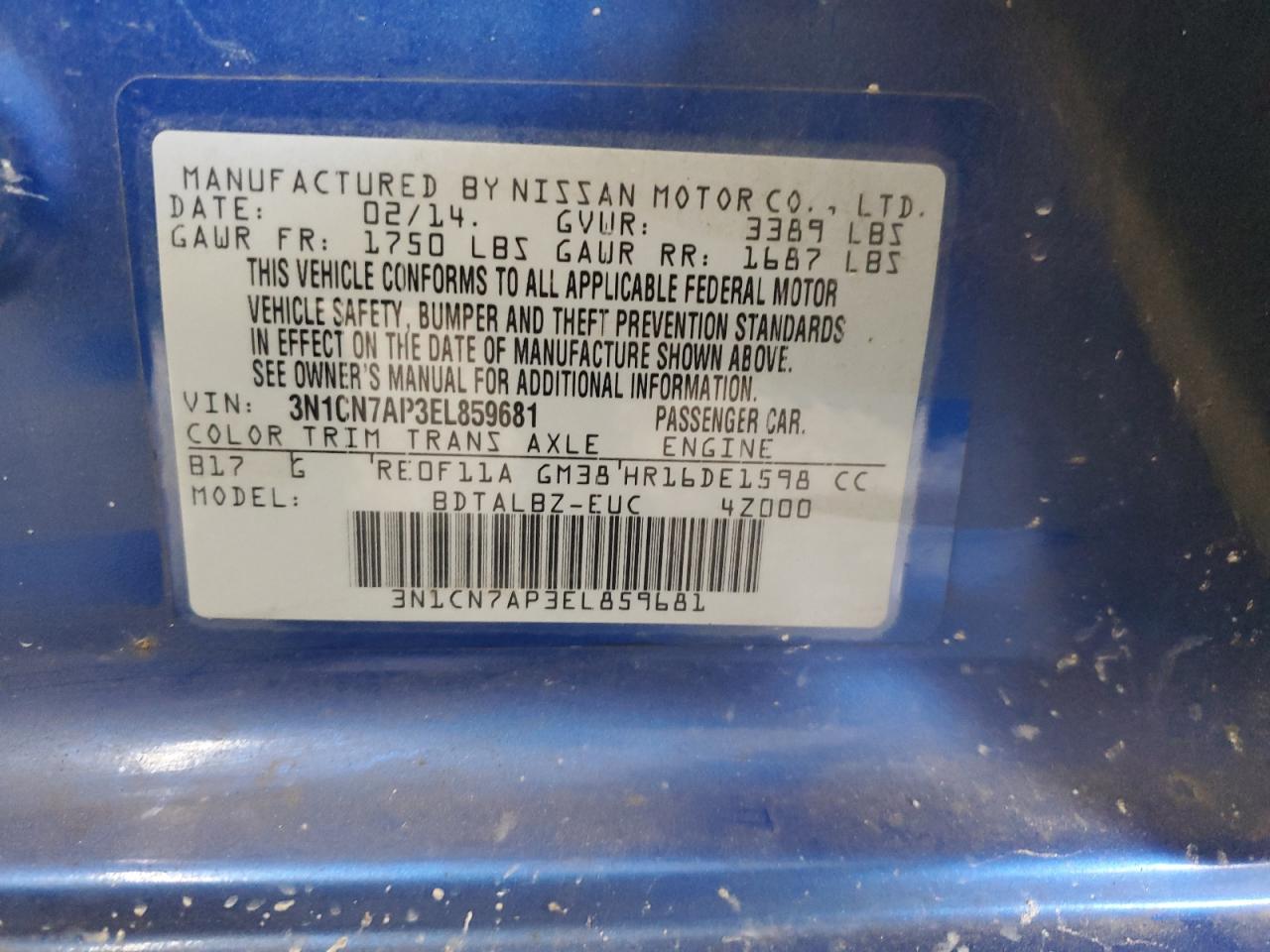2014 Nissan Versa S VIN: 3N1CN7AP3EL859681 Lot: 62831565