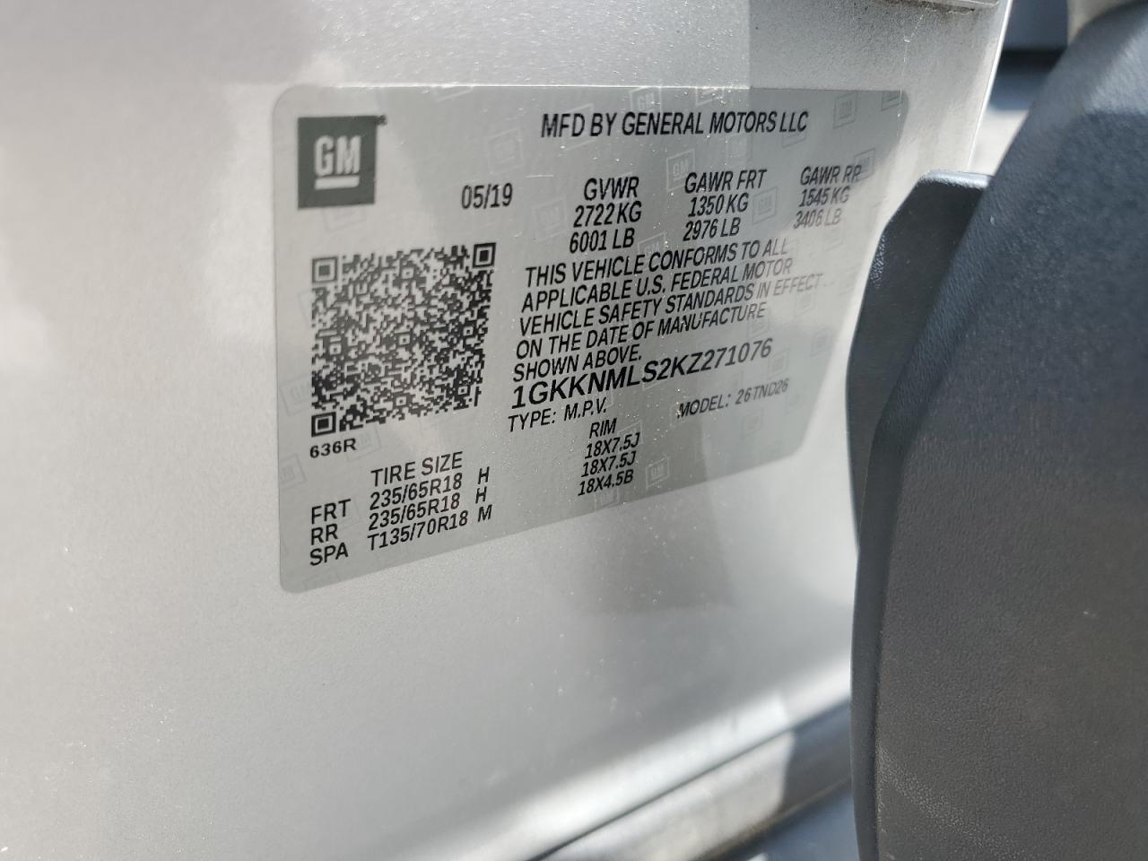 2019 GMC Acadia Slt-1 VIN: 1GKKNMLS2KZ271076 Lot: 61190785