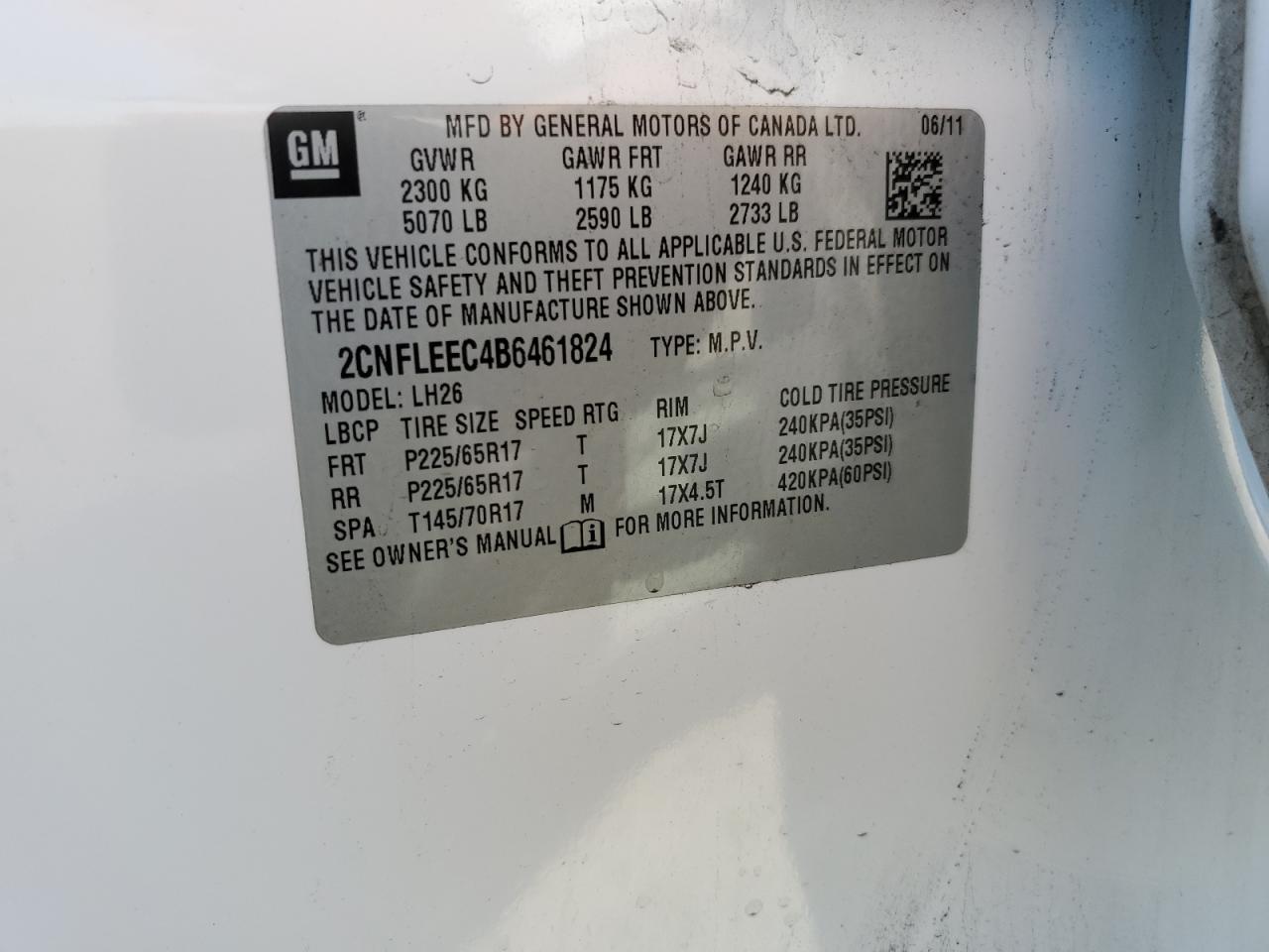 2011 Chevrolet Equinox Lt VIN: 2CNFLEEC4B6461824 Lot: 64954645