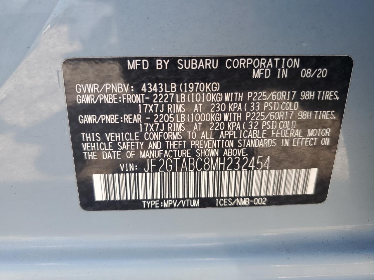 2021 Subaru Crosstrek VIN: JF2GTABC8MH232454 Lot: 63980405