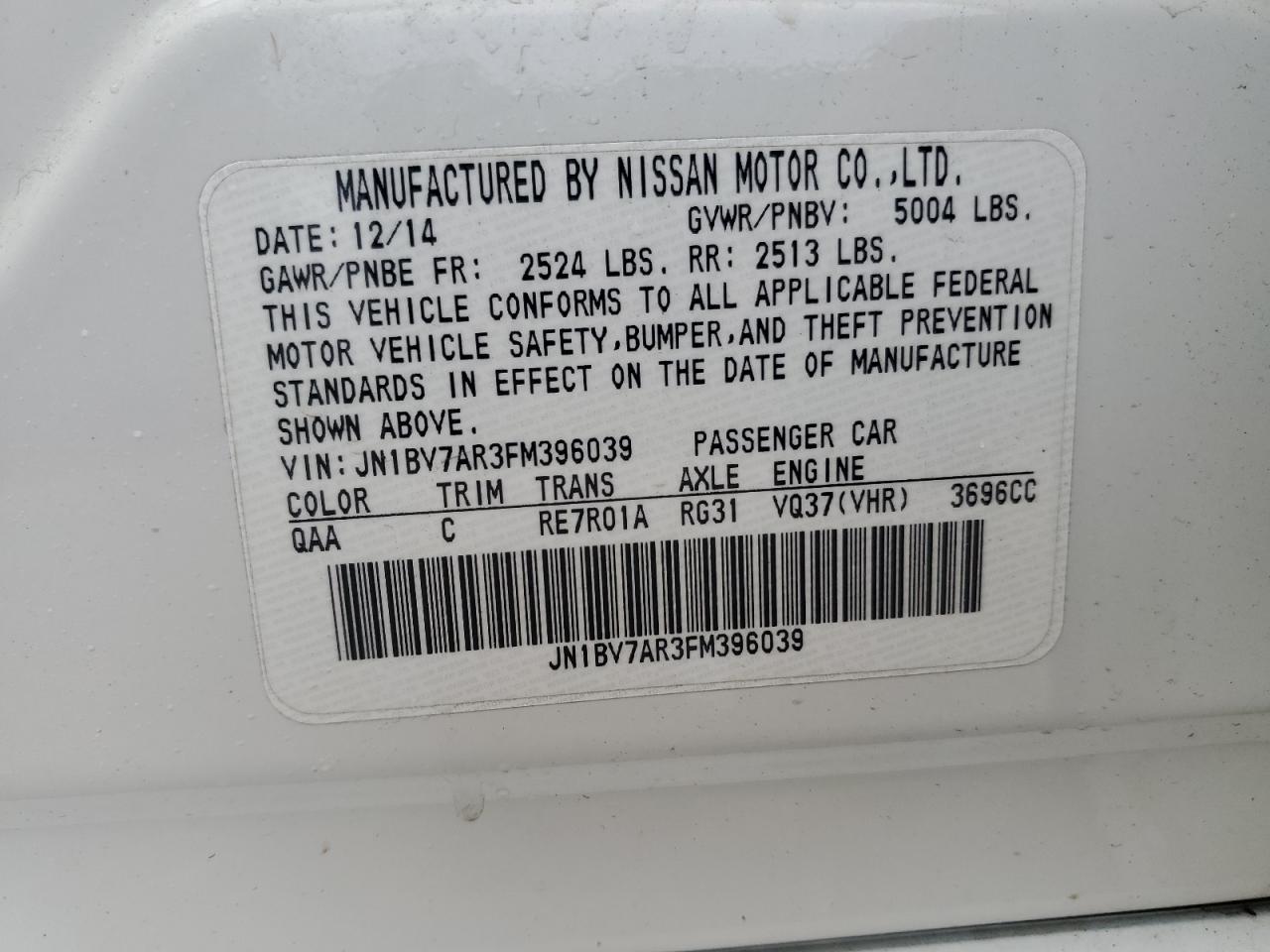 2015 Infiniti Q50 Base VIN: JN1BV7AR3FM396039 Lot: 64362165