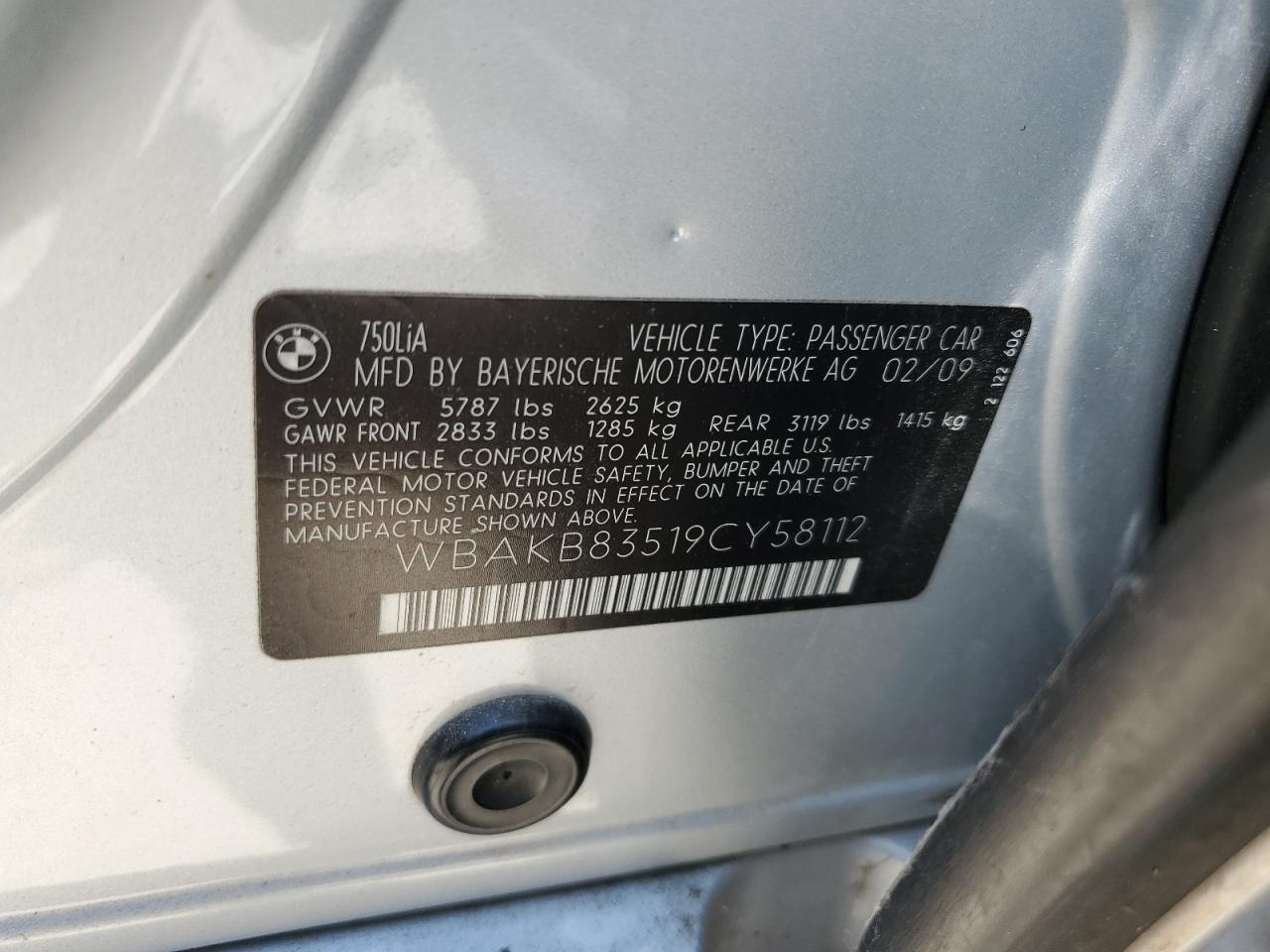 2009 BMW 750 Li VIN: WBAKB83519CY58112 Lot: 65022525