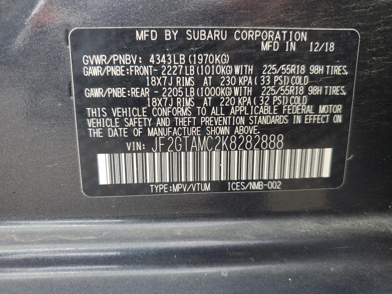 2019 Subaru Crosstrek Limited VIN: JF2GTAMC2K8282888 Lot: 64088785