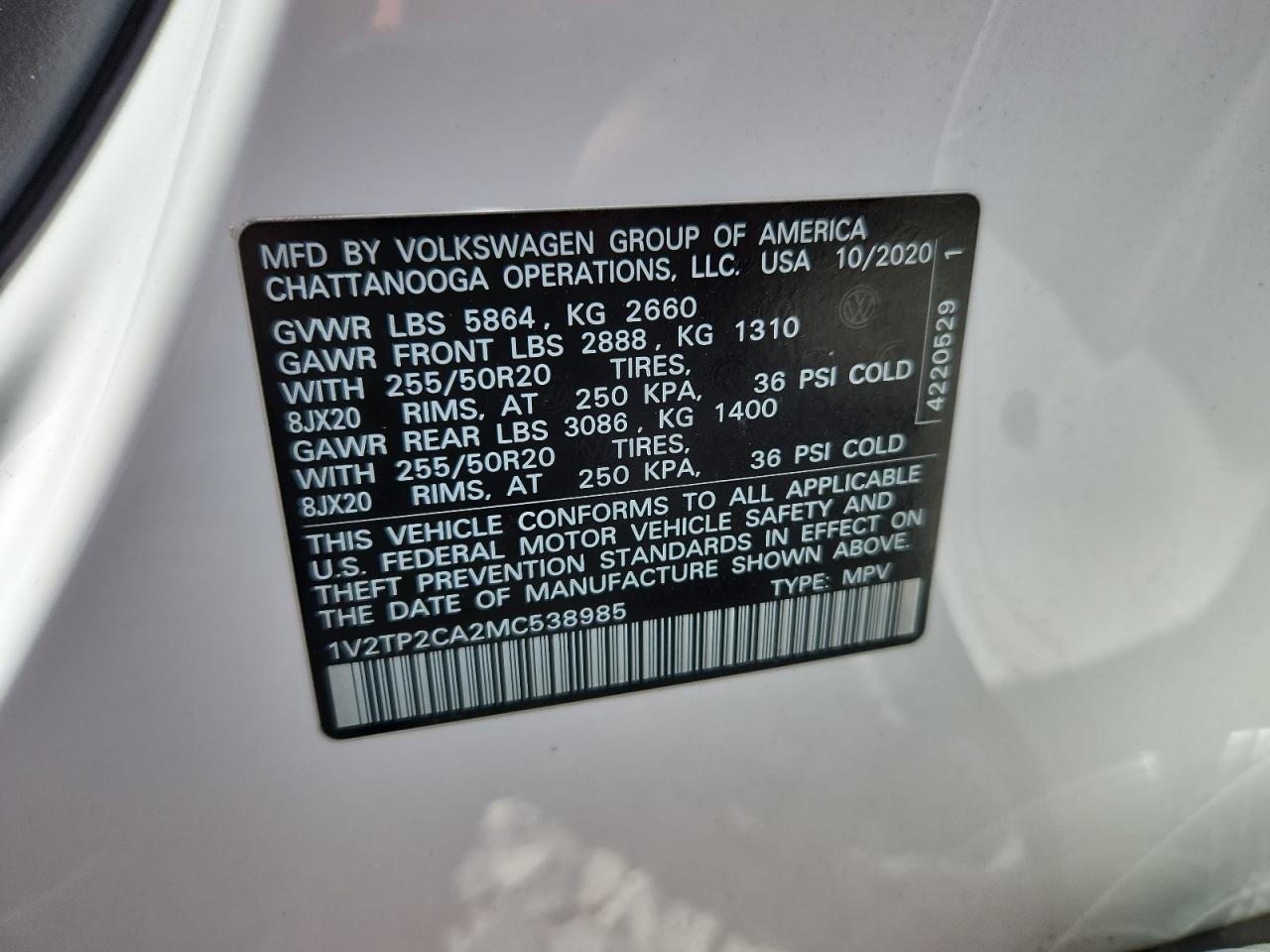 2021 Volkswagen Atlas Sel Premium VIN: 1V2TP2CA2MC538985 Lot: 62891825