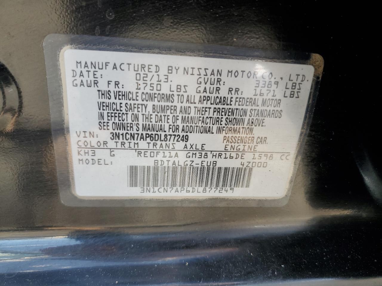 2013 Nissan Versa S VIN: 3N1CN7AP6DL877249 Lot: 65261985