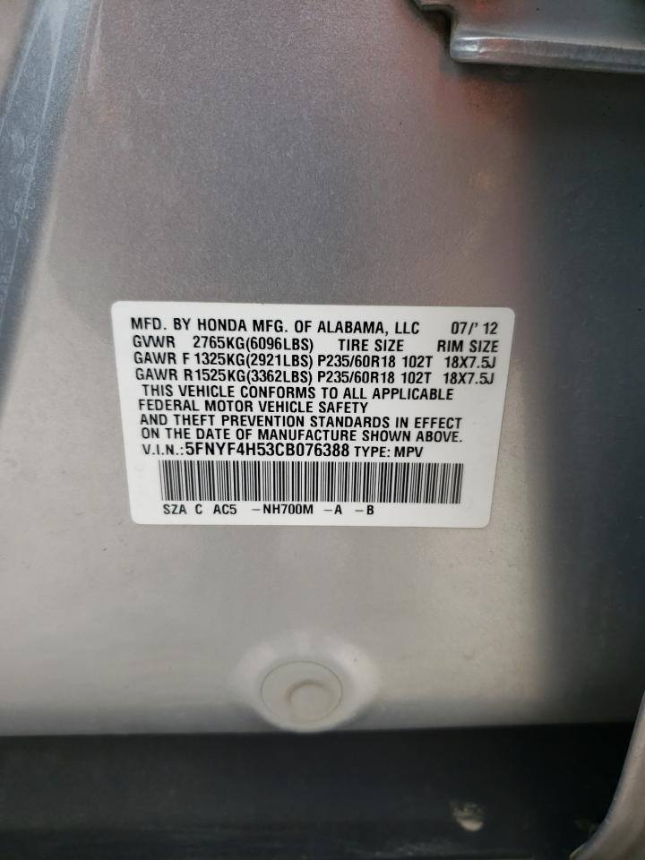 2012 Honda Pilot Exl VIN: 5FNYF4H53CB076388 Lot: 67203835