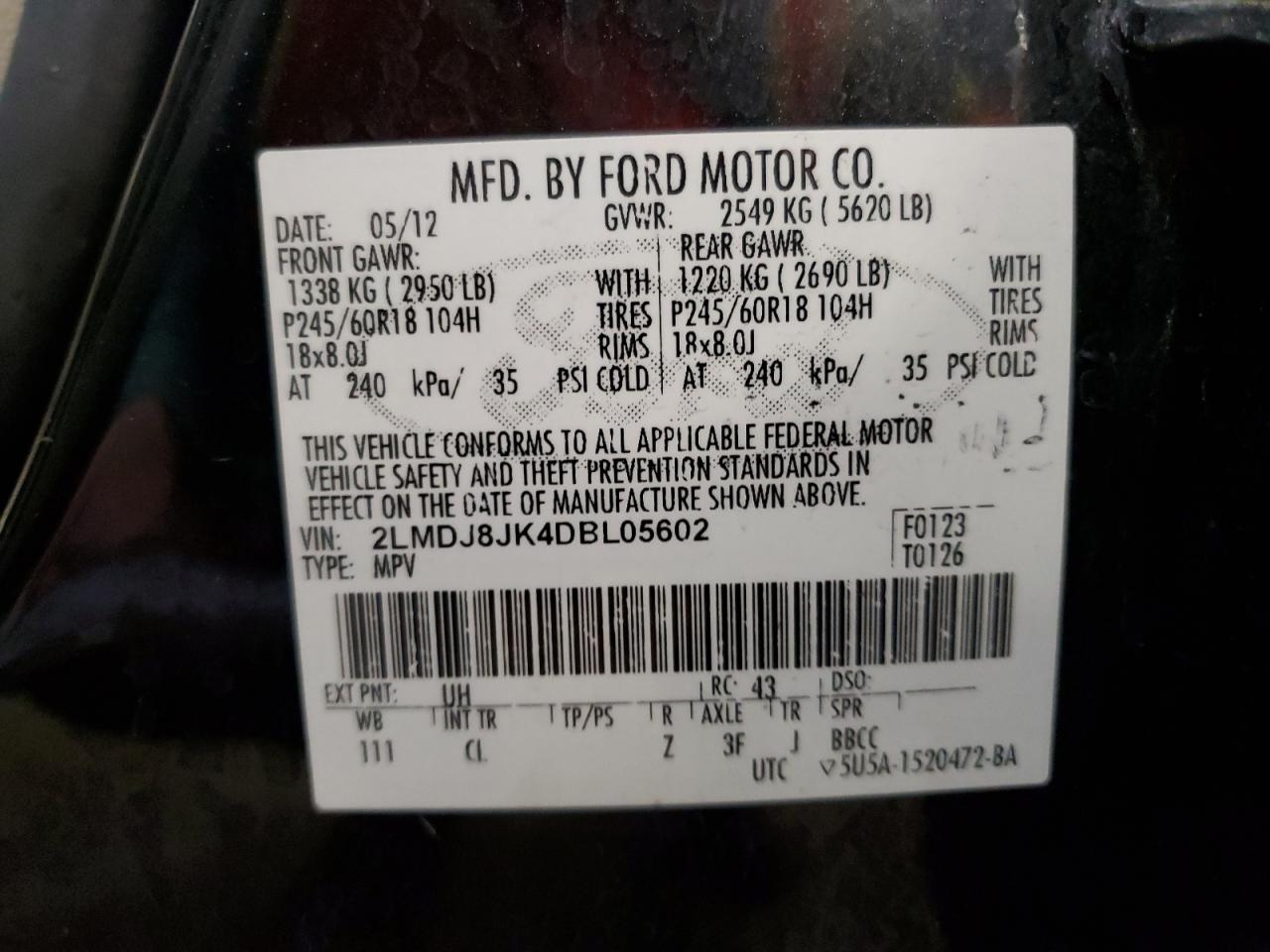 2013 Lincoln Mkx VIN: 2LMDJ8JK4DBL05602 Lot: 65248305