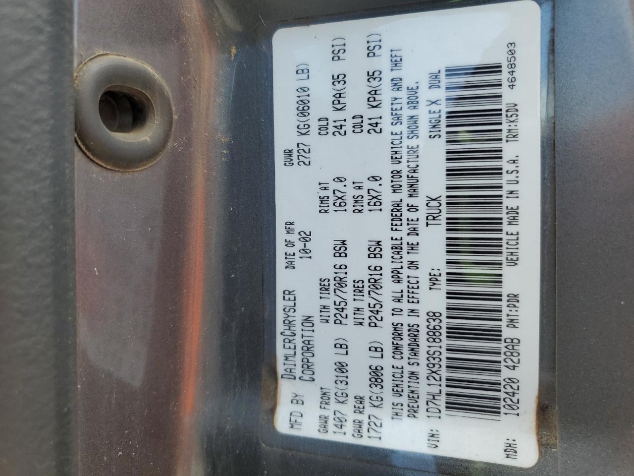 2003 Dodge Dakota Sxt VIN: 1D7HL12X93S188638 Lot: 65231685