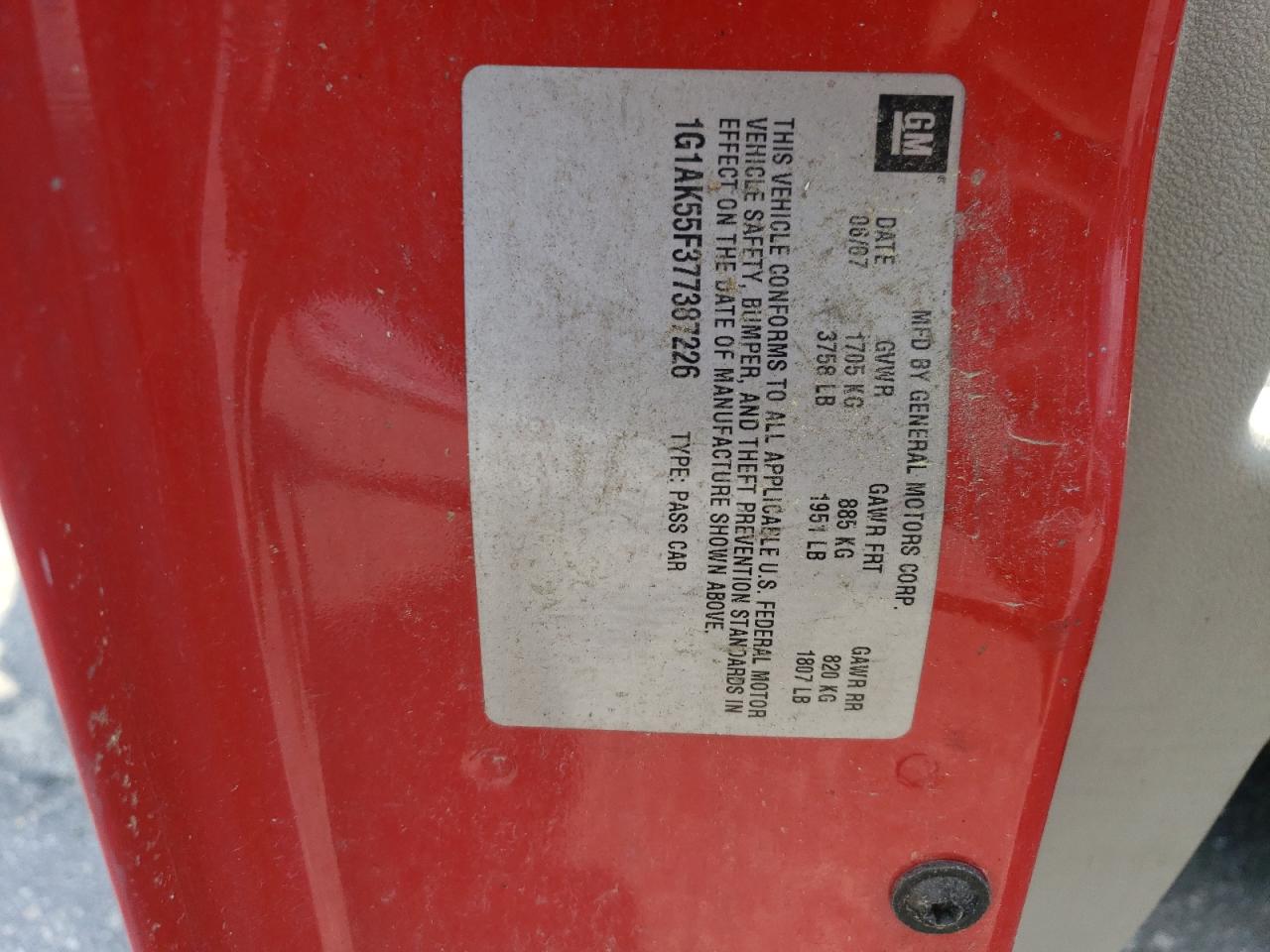 2007 Chevrolet Cobalt Ls VIN: 1G1AK55F377387226 Lot: 63601095