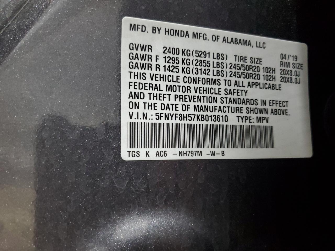 2019 Honda Passport Exl VIN: 5FNYF8H57KB013610 Lot: 66024565