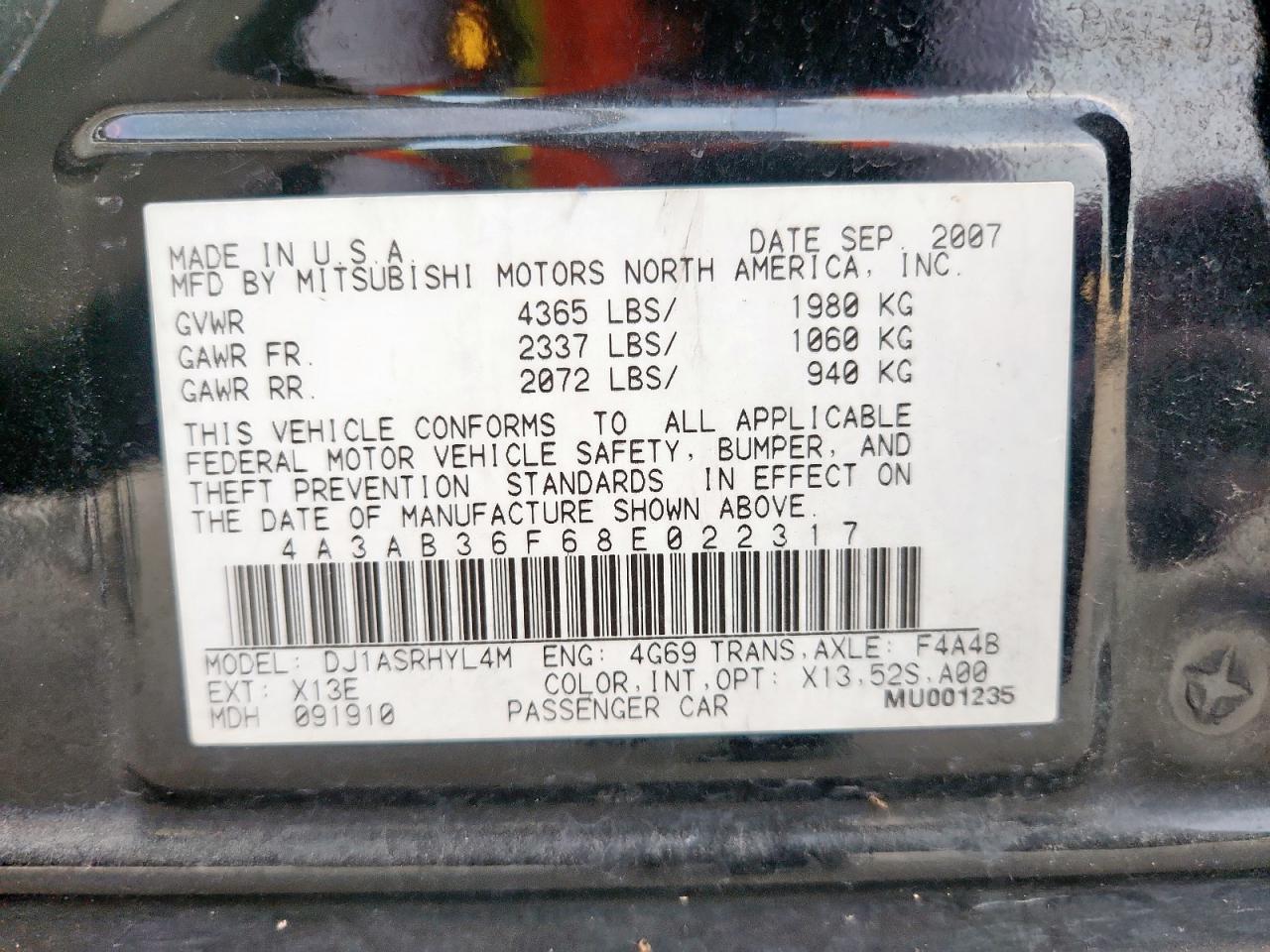 2008 Mitsubishi Galant Es VIN: 4A3AB36F68E022317 Lot: 63335175