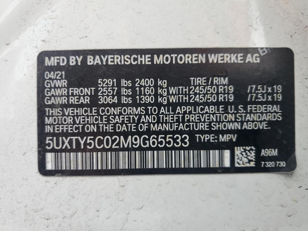 2021 BMW X3 xDrive30I VIN: 5UXTY5C02M9G65533 Lot: 64973675