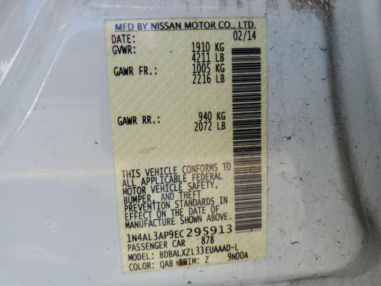 2014 Nissan Altima 2.5 VIN: 1N4AL3AP9EC295913 Lot: 64135855