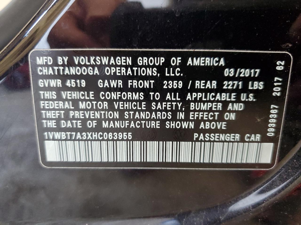 2017 Volkswagen Passat Se VIN: 1VWBT7A3XHC063955 Lot: 64001805