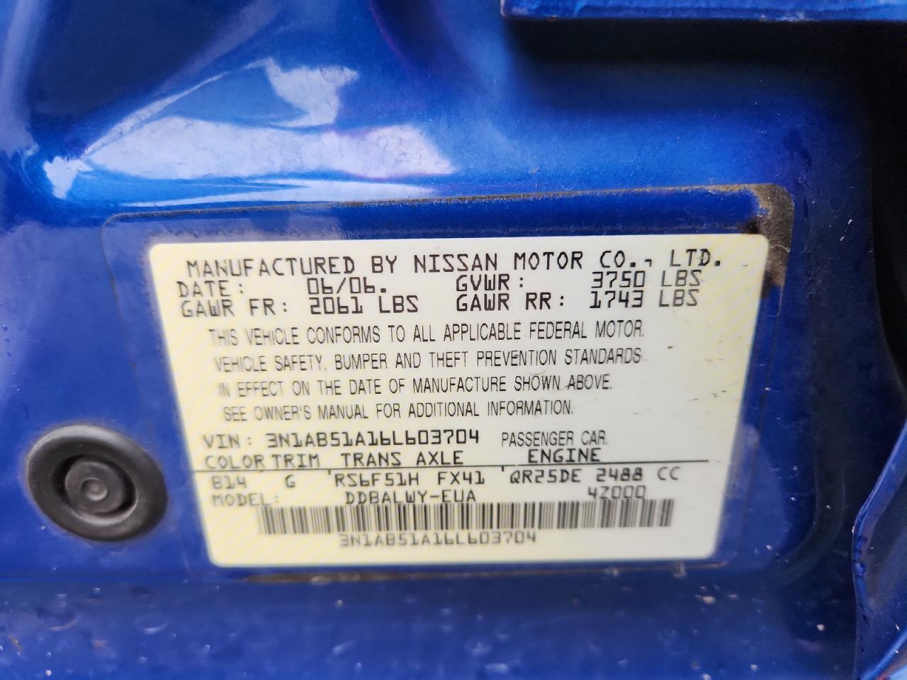2006 Nissan Sentra Se-R Spec V VIN: 3N1AB51A16L603704 Lot: 64968715