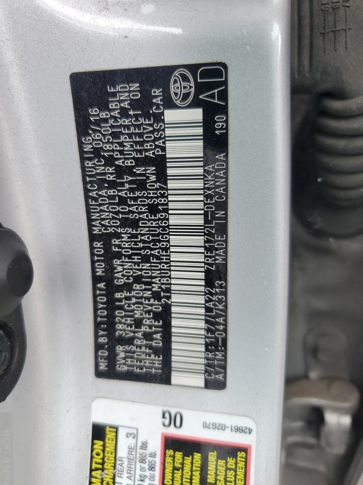 2016 Toyota Corolla L VIN: 2T1BURHE9GC691837 Lot: 64416825