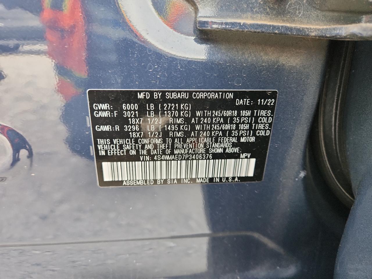 2023 Subaru Ascent Premium VIN: 4S4WMAED7P3406376 Lot: 62098885