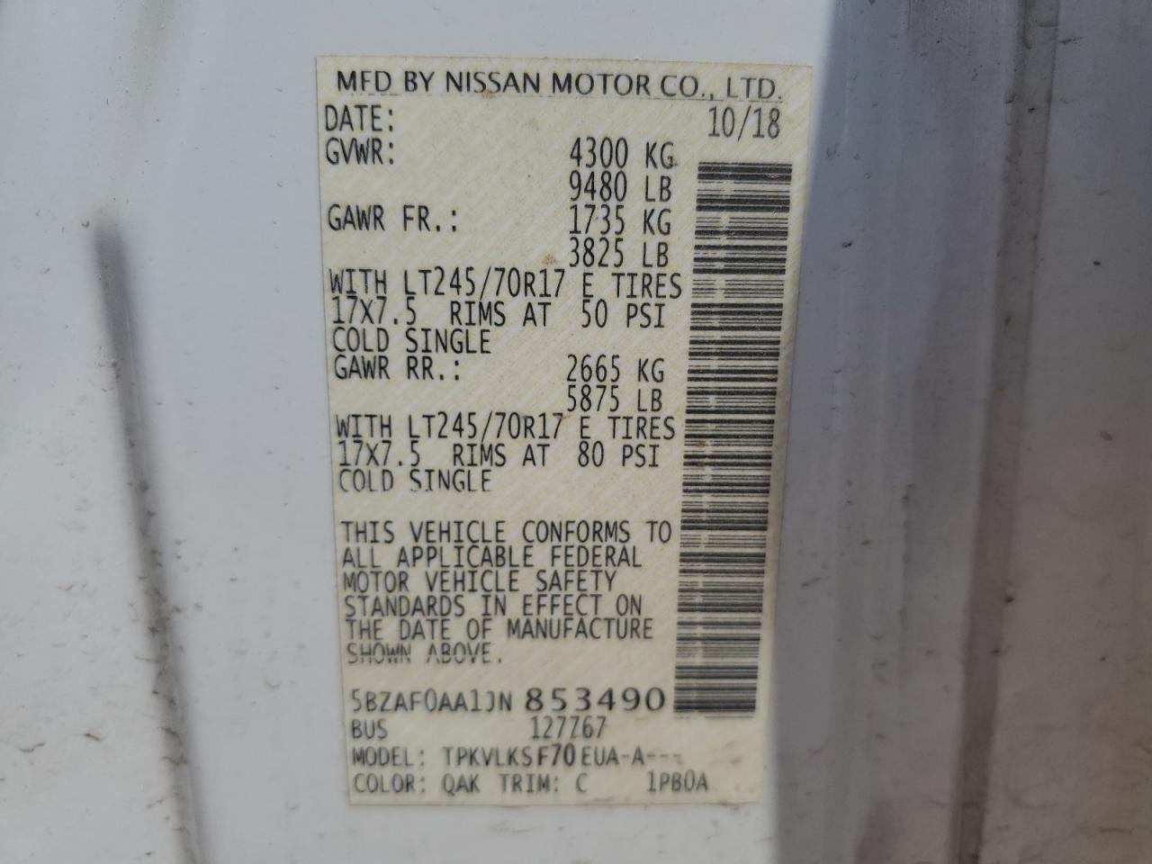 5bzaf0aa1jn853490 5BZAF0AA1JN853490 2018 Nissan Nv 3500 S