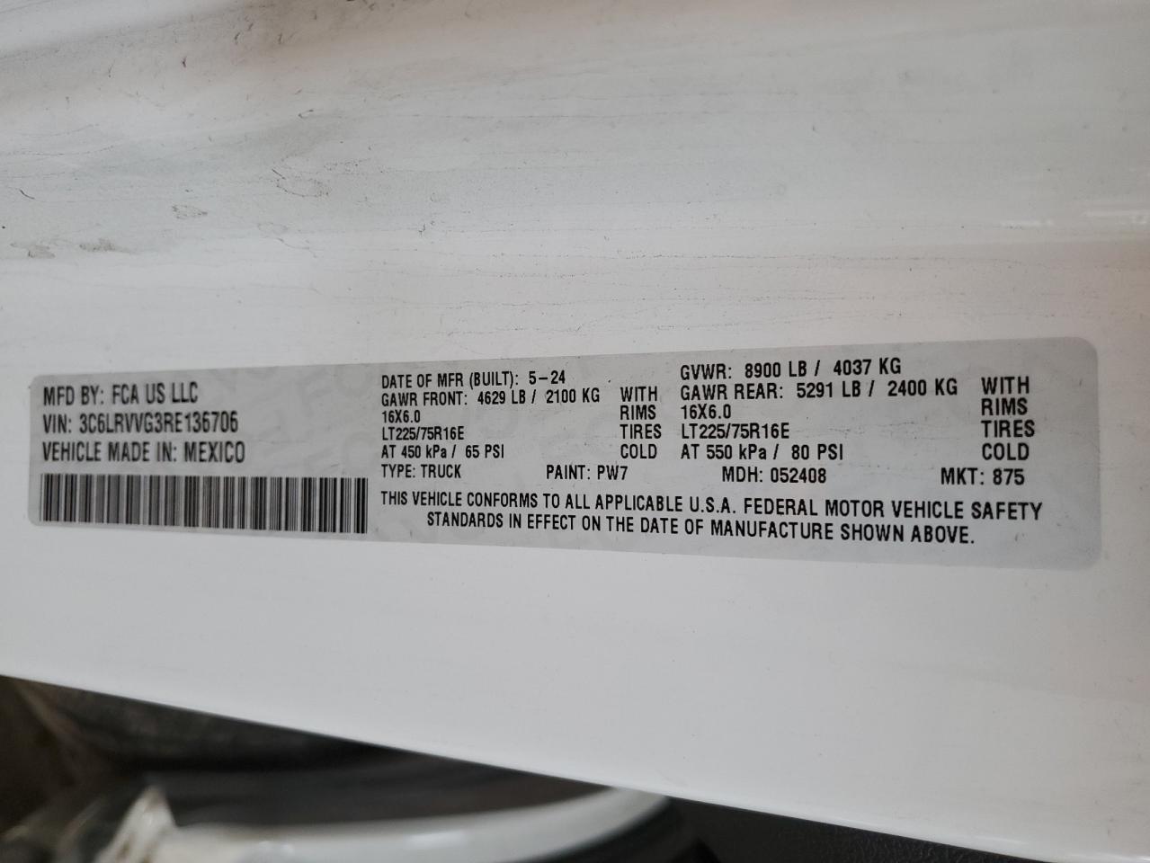2024 Ram Promaster 2500 2500 Standard VIN: 3C6LRVVG3RE136706 Lot: 63038425