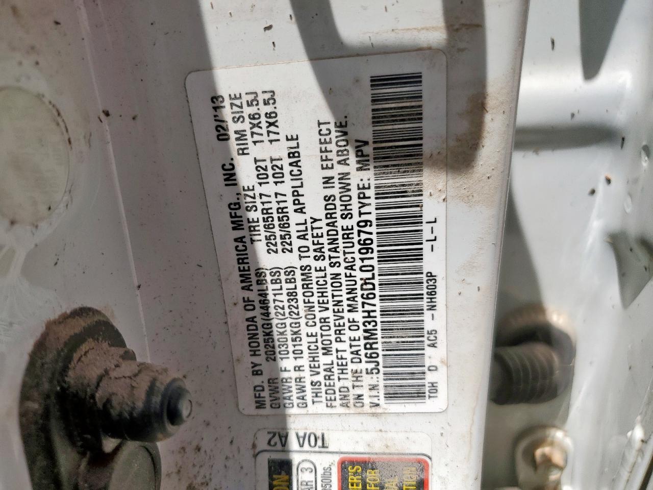 2013 Honda Cr-V Exl VIN: 5J6RM3H76DL019679 Lot: 65378015